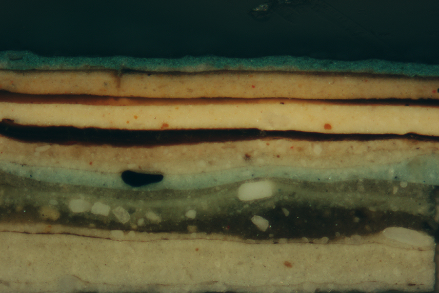 Paint sample from the exterior of one of the ressaults of the partitions of the women’s galleries, accompanying the stratigraphic study of fig. 103 (magnified 100x in incident polarized light)